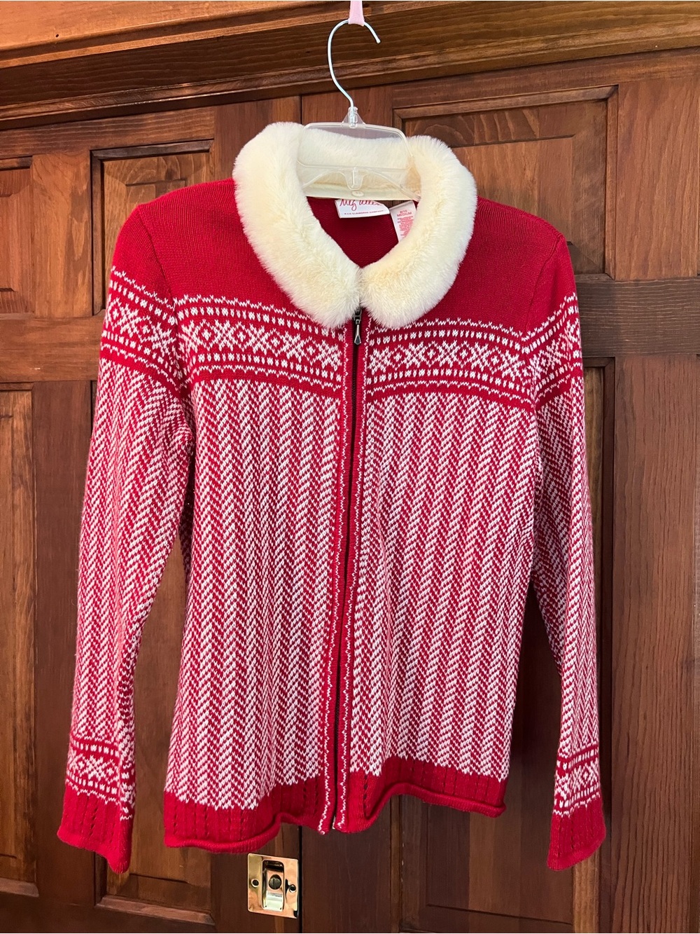 Liz Claiborne Knit Holiday Zip Up Sweater with Faux Fur Collar